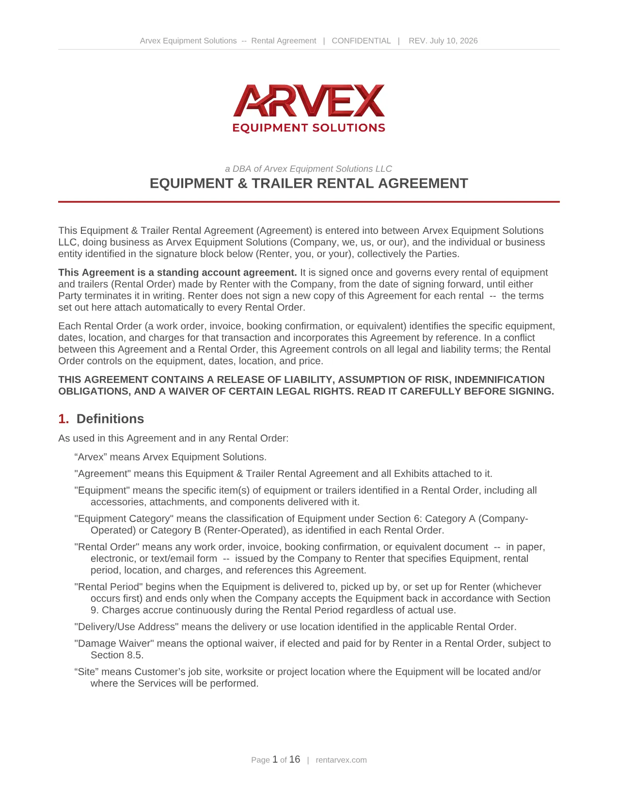 Rental agreement, page 1 of 16